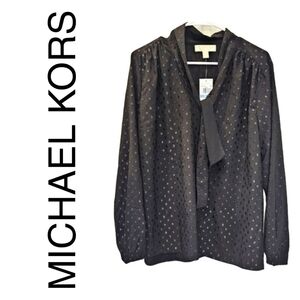 NWT Michael Kors Black Flock Dot Botton Down Tie Neck Blouse Size XL